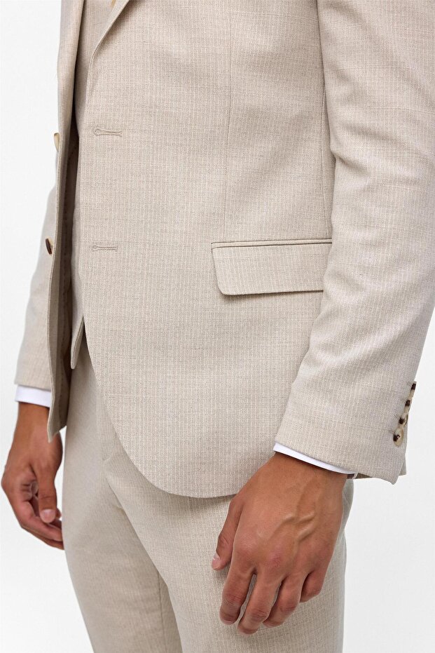 Süvari Dar Kesim 6 Drop Bej Yelekli Takım Elbise - 4