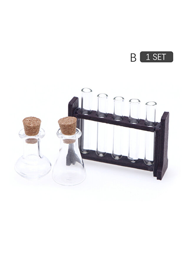 B 1Set 1:12 Dollhouse Miniature Test Tube Measuring Cup with Rack Laboratory Model Decor Toy Doll H.