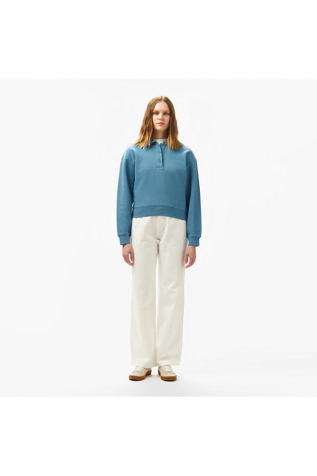 Kadın Relaxed Fit Polo Yaka Mavi Sweatshirt - 4