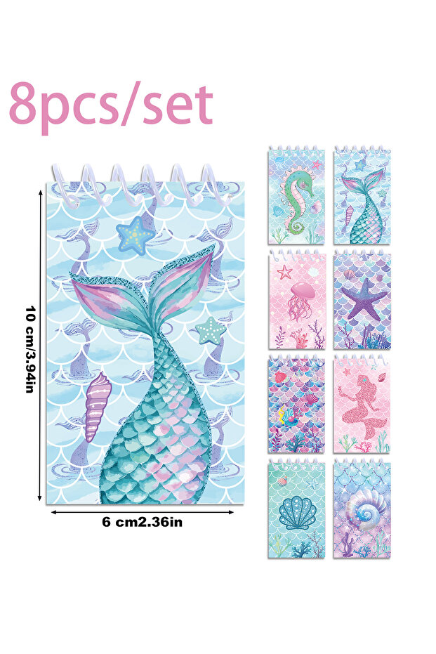 8pcs-XQ063 8pcs Mermaid Theme Mini Spiral Pocket Notebooks Memo Pad Coil Booklet Notepads For Office