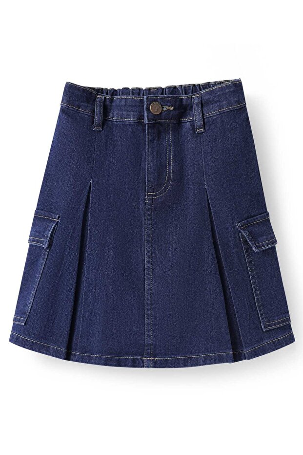 Pine Knee Length Washed Denim Skirt with Pocket Detailing - Navy Blue