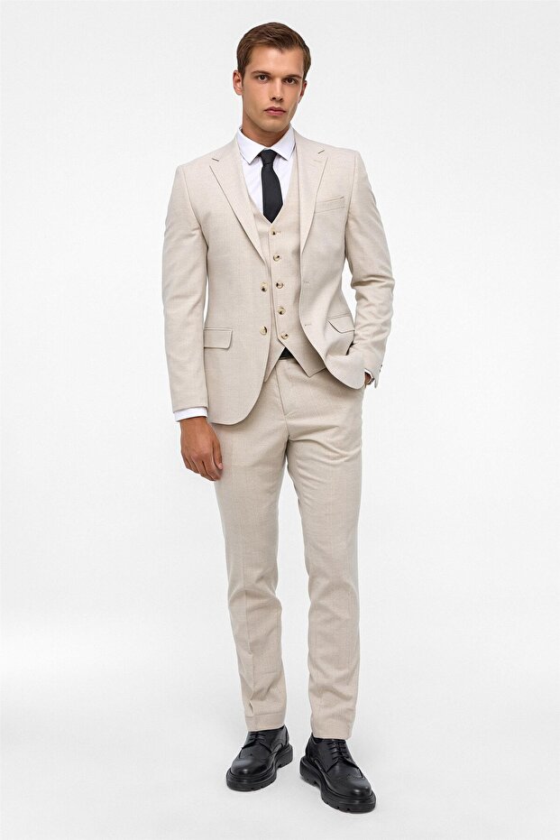 Süvari Dar Kesim 6 Drop Bej Yelekli Takım Elbise - 1