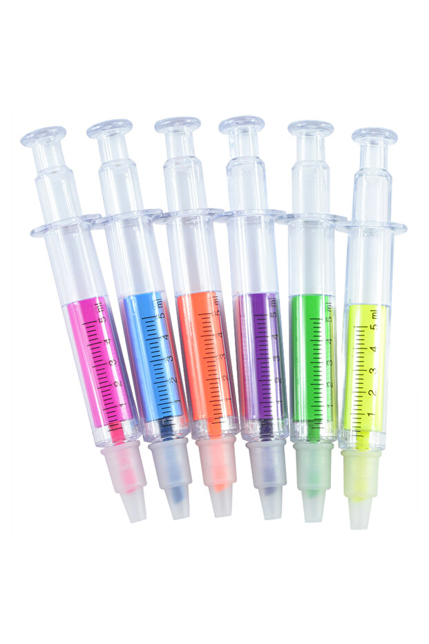 A 6Pc Kawaii Syringe Highlighter Pen Syringe Needle Shape Mechanical Color pen Ballpoint for Office.