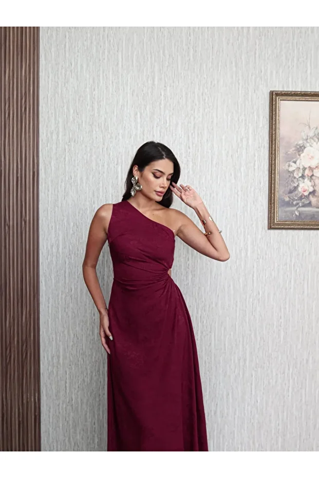Bordo Desenli Tek Kol Elbise - 7