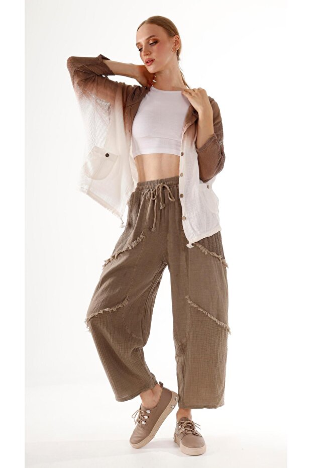 Cepler Fileli Keten Pantolon - 4