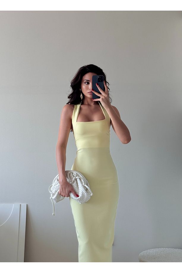 Kadın Sarı Midi Yırtmaçlı Kalem Elbise - 2