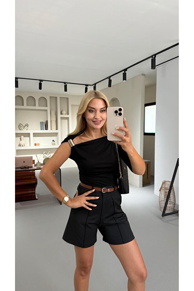 Black Blouse with Shoulder Accessory Detail Draped