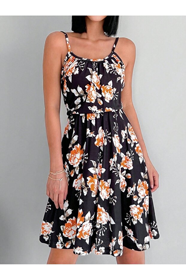 Black Orange Floral Print Square Neck Above Knee Strap Dress
