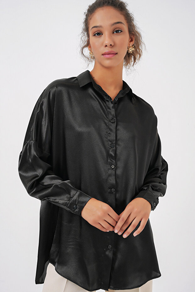 Women's Oversize Satin Shirt Black 1070