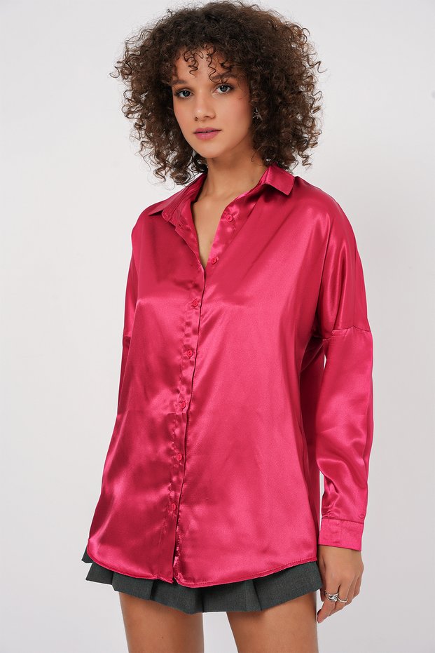 Women's Oversize Satin Shirt Burgundy 1070