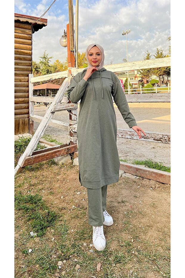 Long Tunic Hooded Double Sports Suit with Side Slits - 03034-1.005 - Khaki