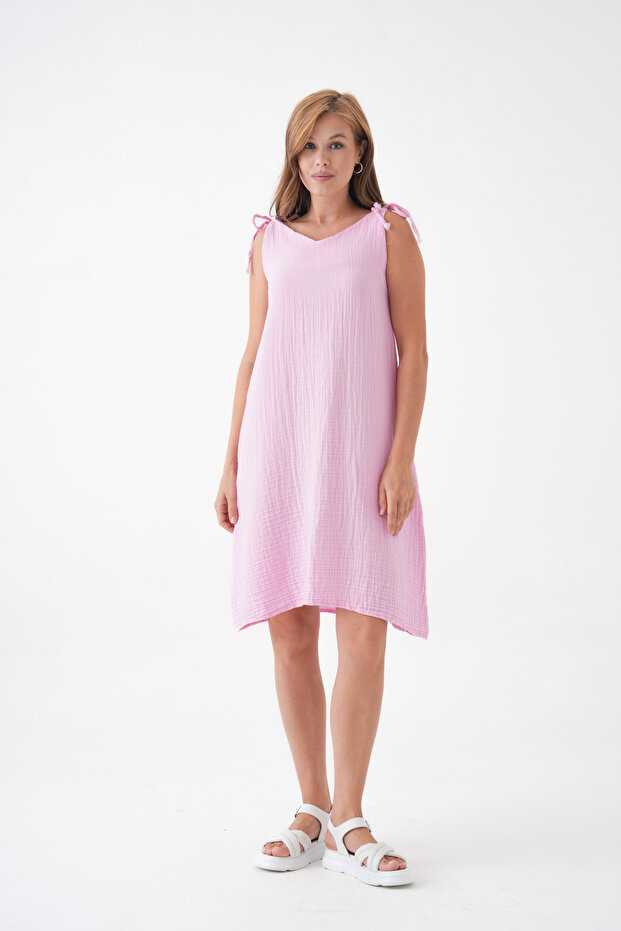 100% Cotton Muslin Fabric Rope Strap Dress Mg-20251