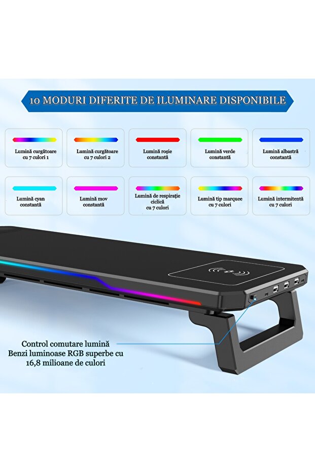 Suport Monitor Lumini RGB, Incarcare Wireless, 3 Porturi USB, 1 Port Iesire Type C - 2