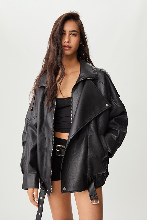 سترة جلدية كبيرة الحجم مع طوق - 1