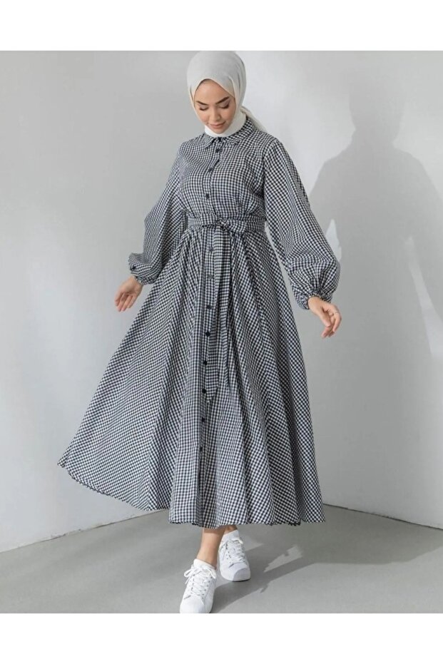 Gingham Pattern Hijab Dress - 1