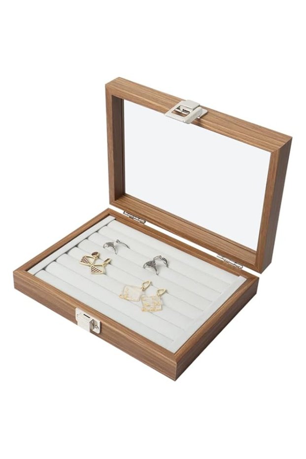 4basix Jewellery Organizer Box, Velvet Jewelry Ring Organizer Tray with Glass Holder, 3 Drawers, Ri