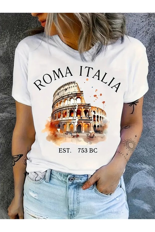 Rome Italy Patterned New Season Modern Design Custom Printed Women's Unisex Oversize Crew Neck T-Shirt