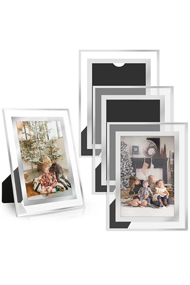 BIGTHREE Picture Frame, 4 Pack 6x4 Glass Photo Frames, Silver Mirrored Rectangular Glass Frame Picture Frame, Tabletop Display Horizontally or Vertically for Wedding Home Offices Business School