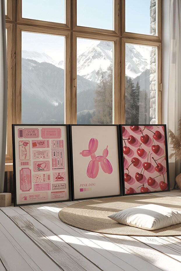 Siyah Tablo Seti, 3 Adet Siyah Çerçeveli Poster Preppy Model No:300893, Pembe Duvar Dekoru - 2