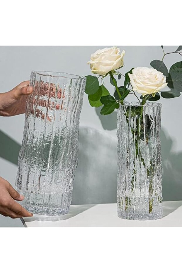 Modern Cylinder Glass Vase - Large Decorative Handmade Glacier Clear Vase with Solid Ice Base for Home, Office, Wedding Decor, Gift, Christmas (30 x 10 cm)