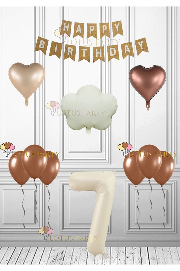 Retro Cloud Birthday Set Cream Retro Cloud - Brown Heart Brown Balloon Kraft Happy 7 Years Old
