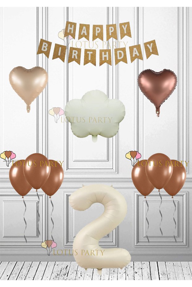 Retro Cloud Birthday Set Cream Retro Cloud - Brown Heart Brown Balloon Kraft Happy 2 Years Old