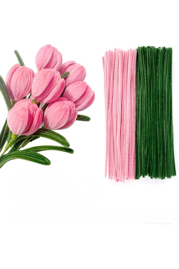 50 Pieces Pink and Dark Green Colored Chenille, Flower Making Set, Feathered Wire, 30 Cm, Plush Te