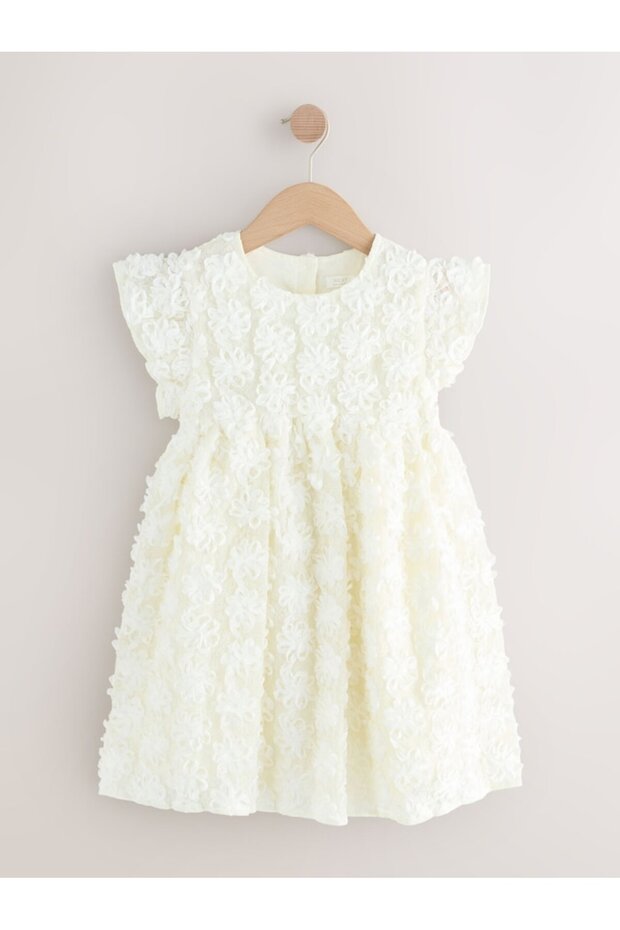 Ivory Short Sleeve 3D Patterned Dress - 4