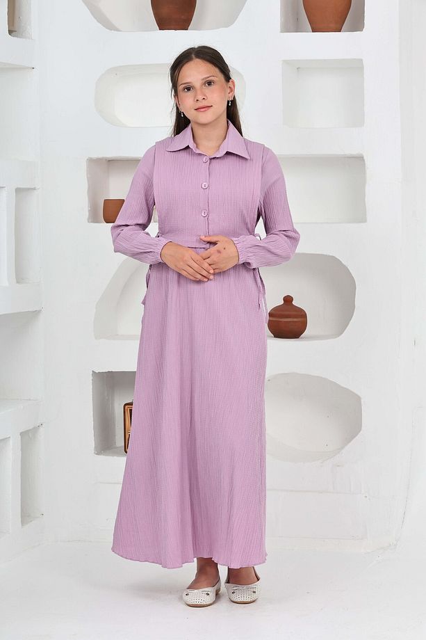 Kız Çocuk Uzun Gofre Kumaş Jile & Elbise İki Parça Takım Tesettür Elbise – Astarlı Zarif Set-4948 - 6