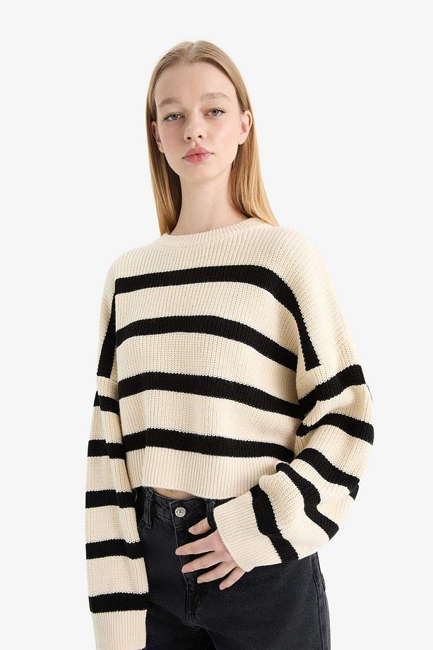 Coool Oversize Geniş Kalıp Bisiklet Yaka Çizgili Triko Kazak X4931AZ25WN - 3