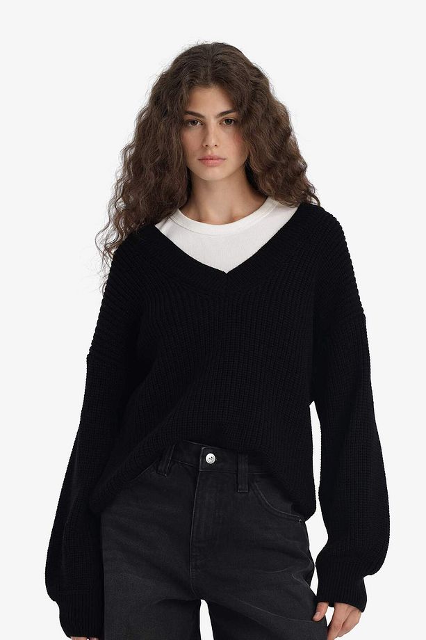 Oversize Geniş Kalıp V Yaka Triko Kazak Z7135AZ25WN - 4