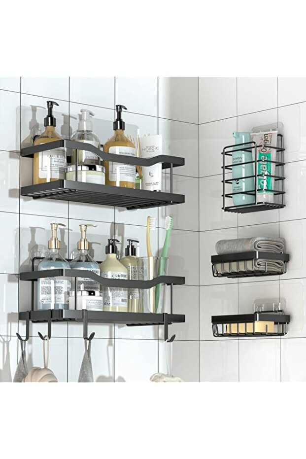 5-Pack Shower Caddy, Adhesive Bathroom Organizer, No Drilling, Large Capacity, Rustproof Stainless Steel Bathroom Shower Organizer with 4 Hooks, Shower Shelf for Inside Shower Black