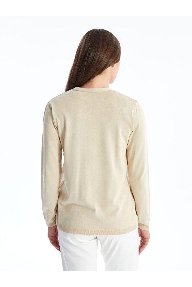 Bej V Yaka Düz Uzun Kollu Hamile Triko Hırka ve Süveter Takım - 5