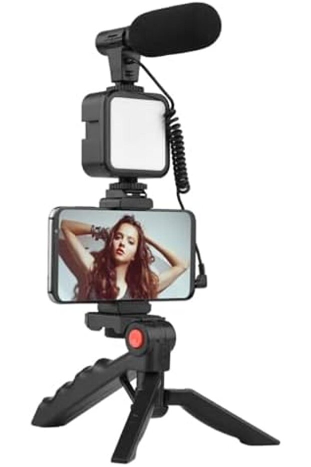 Vlogging Kit for Video Making With Mic Mini Tripod Stand LED Light and Phone Holder Clip