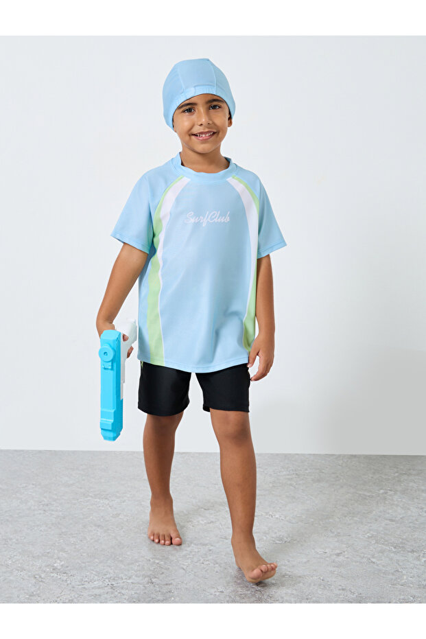 Set of 3 - Printed Raglan Sleeve Swim Top, Shorts and Cap