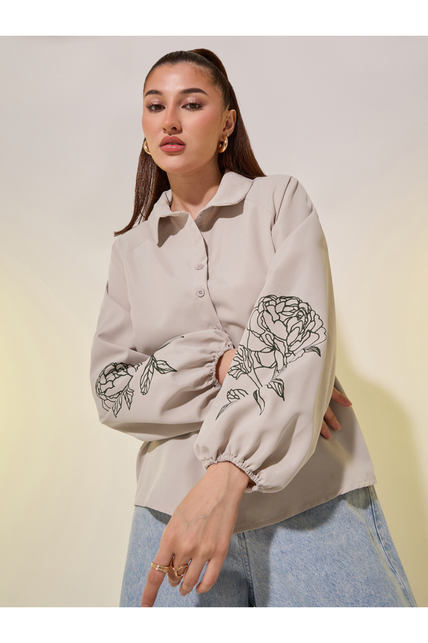 Floral Graphic Print Balloon Sleeve Shirt