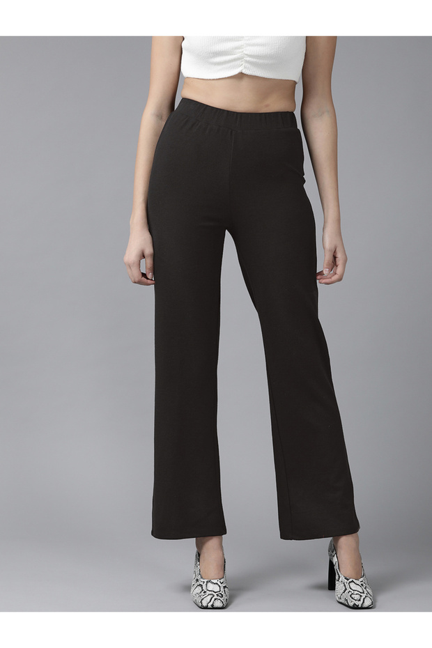Solid Flared Mid Rise Trousers - 2