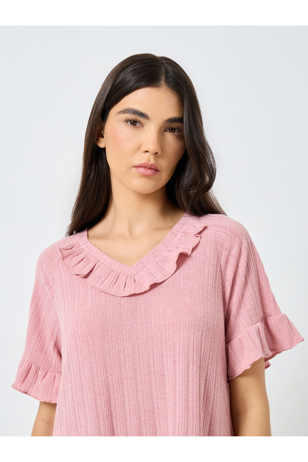 Ruffled V Neck Solid Nightdress - 4