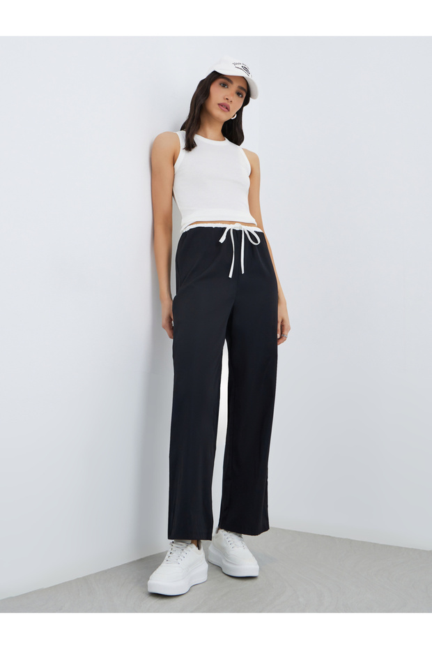 بنطال واسع الساق بطبقة مزدوجة متينة ورباط خصر - 1