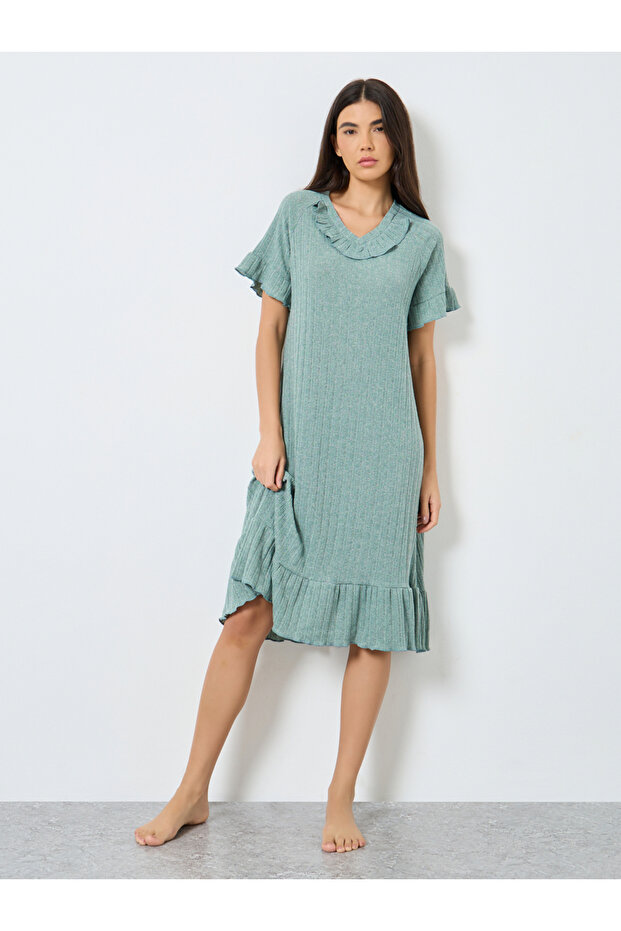Ruffled V Neck Solid Nightdress - 1