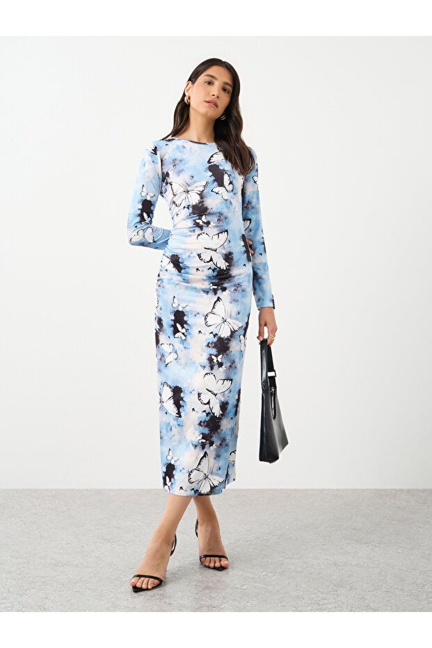 Butterfly Printed Bodycon Midi Dress