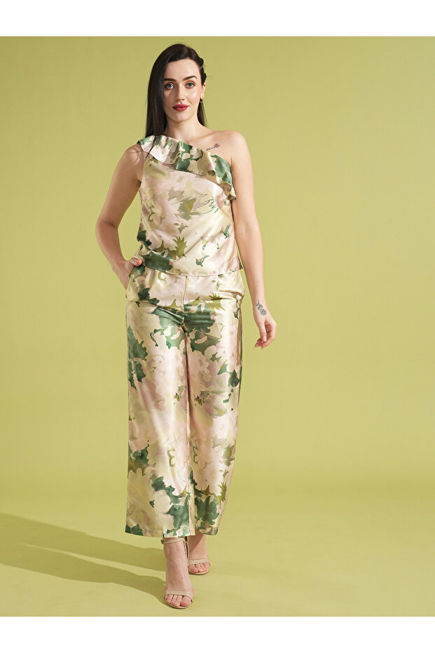 Satin Floral Print Ruffled Top and Trousers Co-Ords
