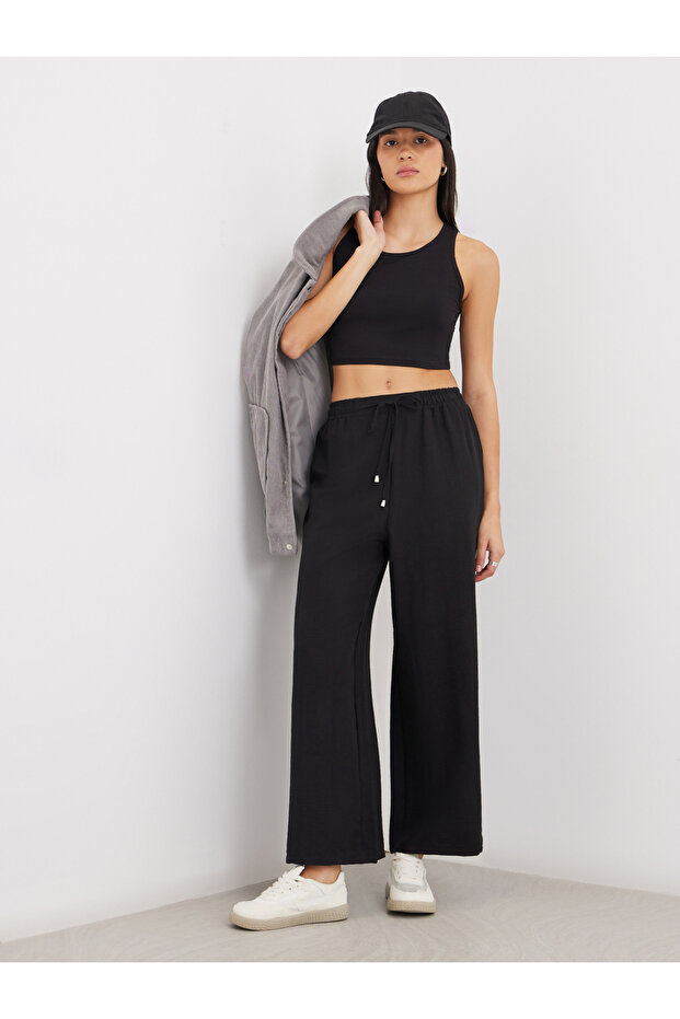 Solid Drawstring Waist Wide Leg Pants - 1