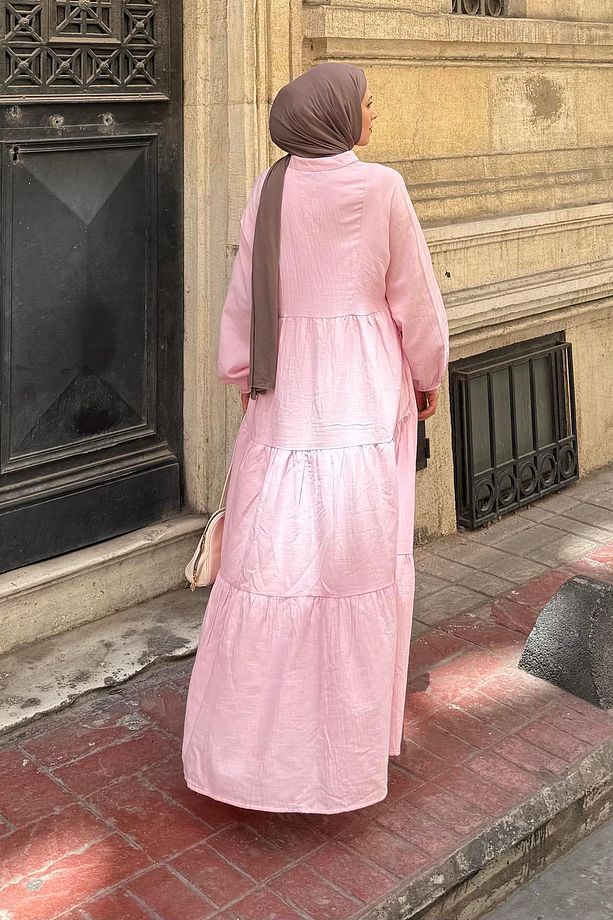 Ön Yarım Düğme Detaylı Müslin Kumaş Tesettür Elbise Pembe - 3