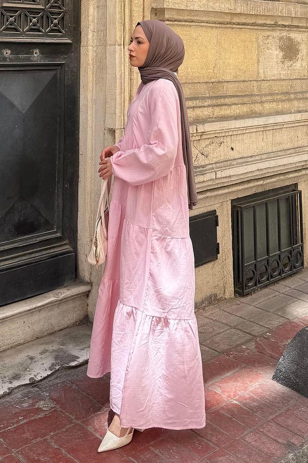 Ön Yarım Düğme Detaylı Müslin Kumaş Tesettür Elbise Pembe - 2