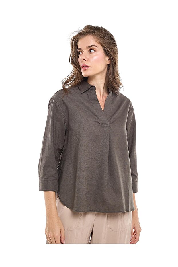 Solid Collared Top with 3/4 Sleeves - 1