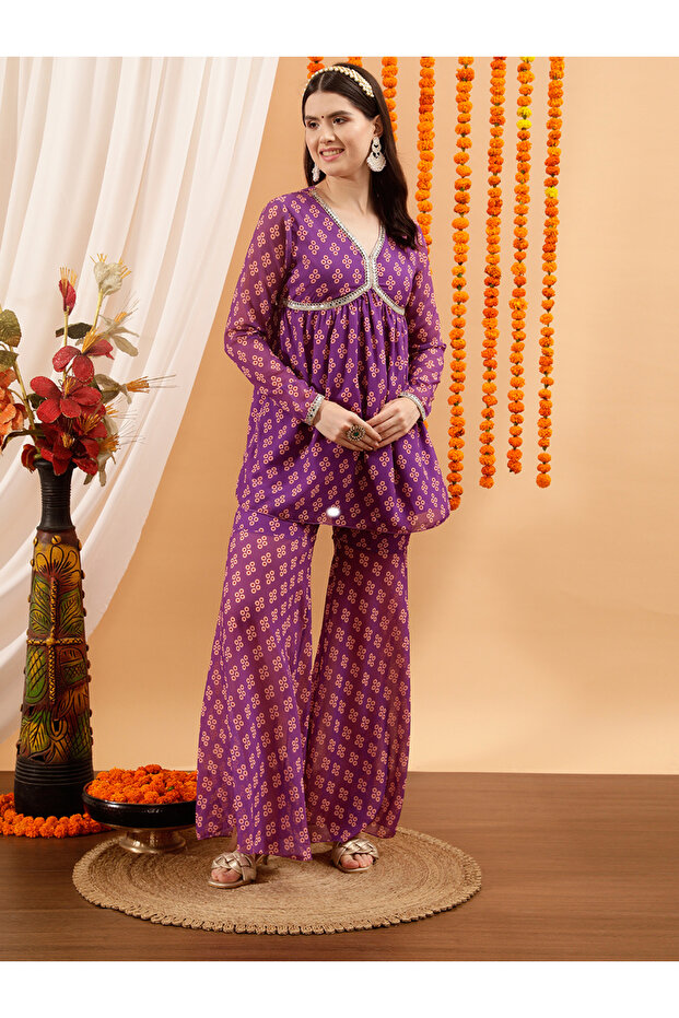 Printed V-Neck Kurta with Sharara Set