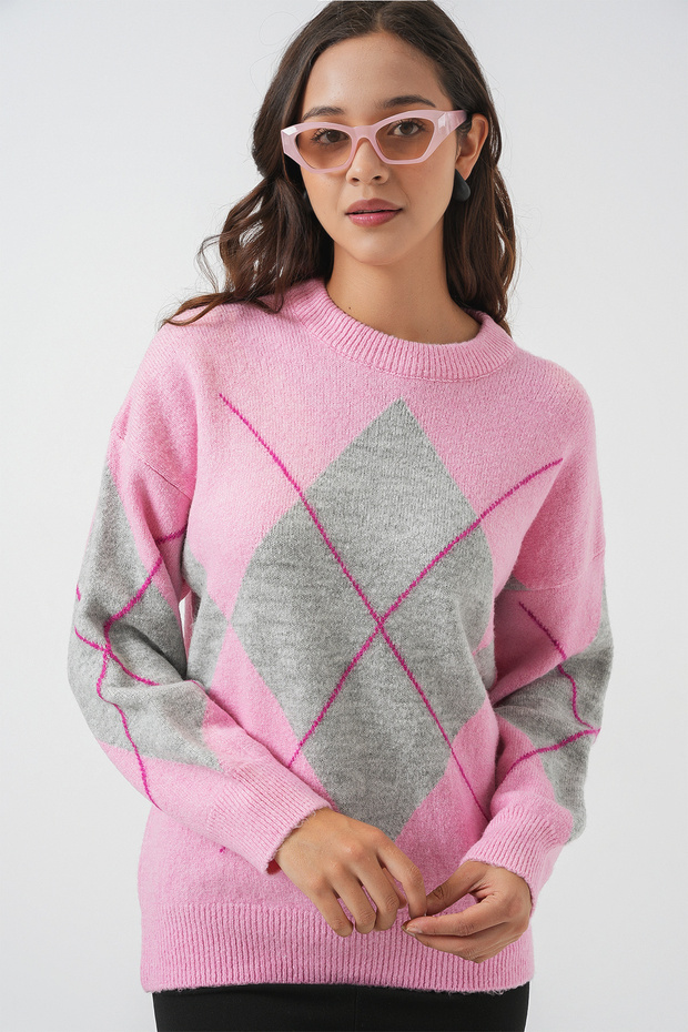 15895 Baklava Desenli Oversize Triko Kazak - Y.Pembe - 3