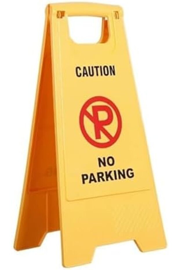 Caution No Parking Sign, A-Frame Floor Stand, Yellow Plastic, Double-Sided