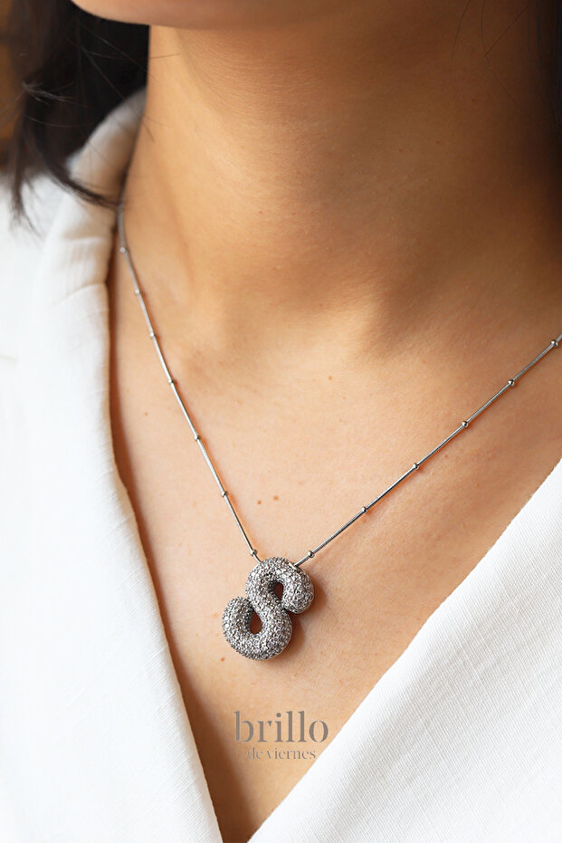 Steel Zircon Stone Letter Balloon Necklace-Silver Color
